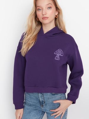 Hanorac cu glugă din fleece tricotate cu imagine Trendyol violet