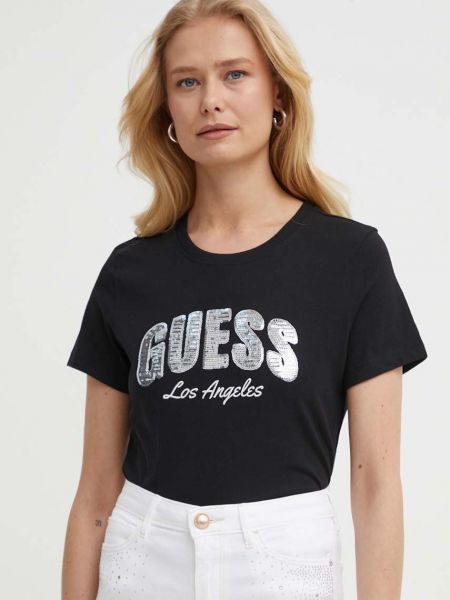 Koszulka z cekinami bawełniana Guess czarna