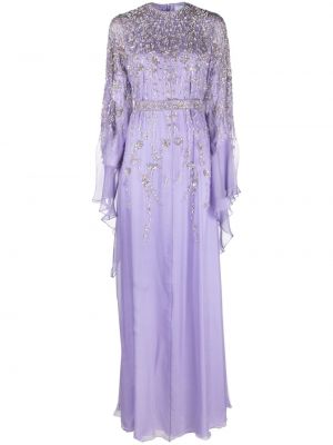 Svilena večerna obleka s cvetličnim vzorcem Dina Melwani vijolična