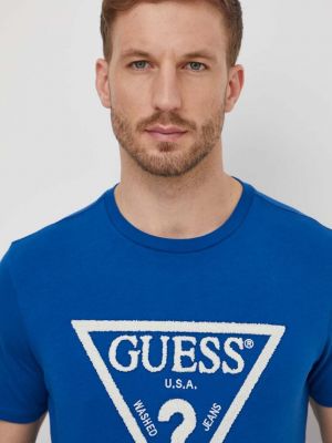 Bavlněné tričko s aplikacemi Guess modré