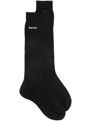 Svilene čarape s vezom Miu Miu crna