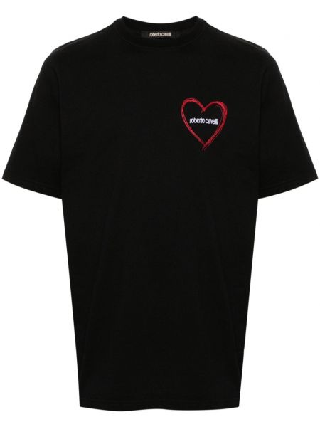 T-shirt brodé en coton de motif coeur Roberto Cavalli noir