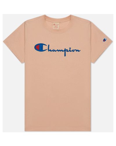 Женская футболка Champion Reverse Weave Big Logo Crew Neck Regular Fit,  , размер S - Розовый