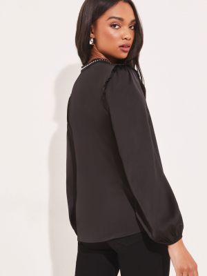Блузка с v-образным вырезом с рюшами с длинным рукавом Lipsy черная