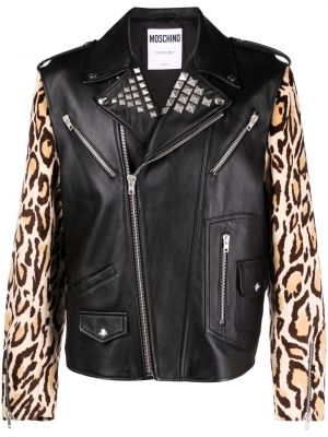 Kožená bunda s potlačou s leopardím vzorom Moschino