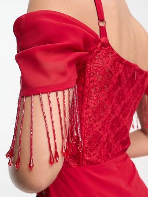 Платье макси Starlet с открытыми плечами и вырезом на бедре из кружева с цветочным принтом и бахромой из бисера красного