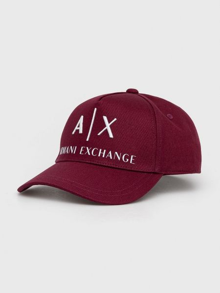 Памучна шапка с апликация Armani Exchange винено червено