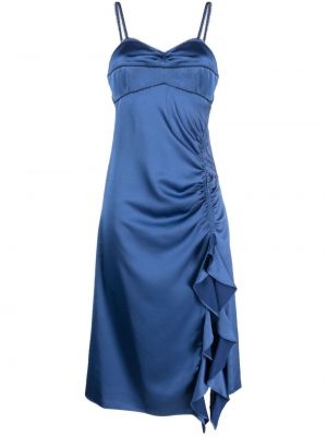 Satynowa sukienka koktajlowa z falbankami Sandro niebieska