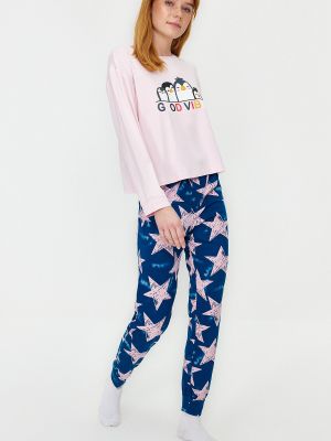 Pijamale din bumbac tricotate cu imagine Trendyol roz