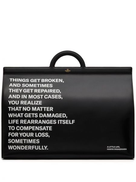 Usnjena nakupovalna torba s potiskom Valentino Garavani črna