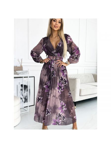 Květinové šifonové dlouhé šaty s dlouhými rukávy Numoco fialové