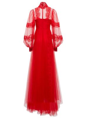 Vestido largo de tul de encaje Valentino rojo
