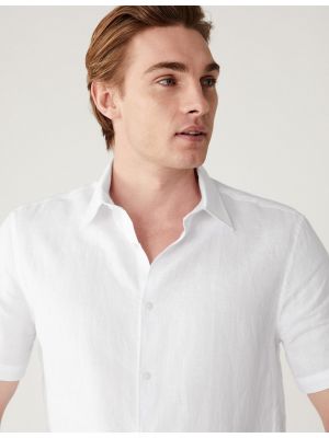 Lněná košile s krátkými rukávy Marks & Spencer bílá