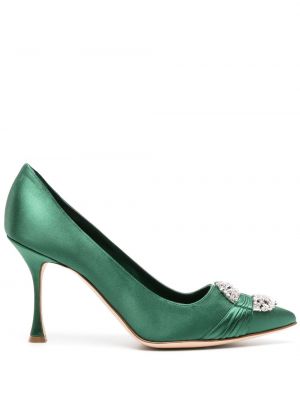 Сатенени полуотворени обувки с кристали Manolo Blahnik зелено