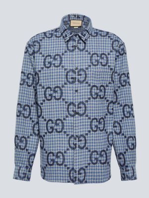 Koszula wełniana w kratkę Gucci niebieska