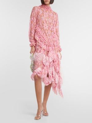 Sukienka midi z falbankami koronkowa Susan Fang różowa