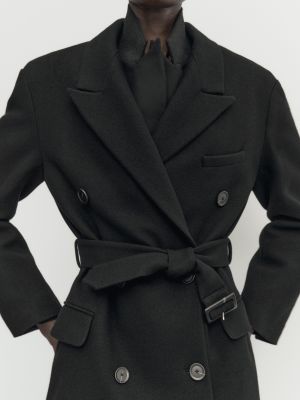 Шерстяной пальто с поясом Massimo Dutti черный