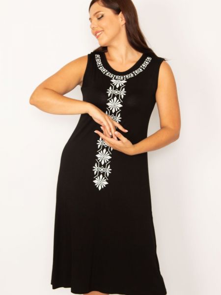 Αμάνικο φόρεμα με κέντημα από βισκόζη şans μαύρο