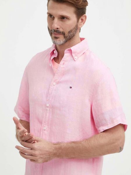 Pernata lanena košulja s gumbima Tommy Hilfiger ružičasta