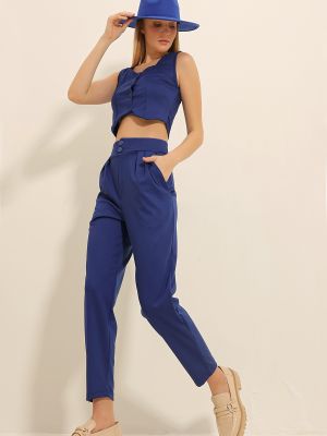 Spodnie z wysoką talią Trend Alaçatı Stili niebieskie