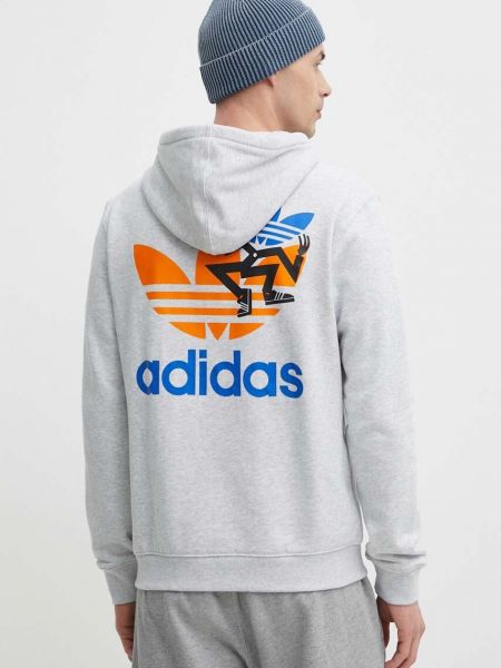Bavlněná mikina s kapucí s potiskem Adidas Originals šedá