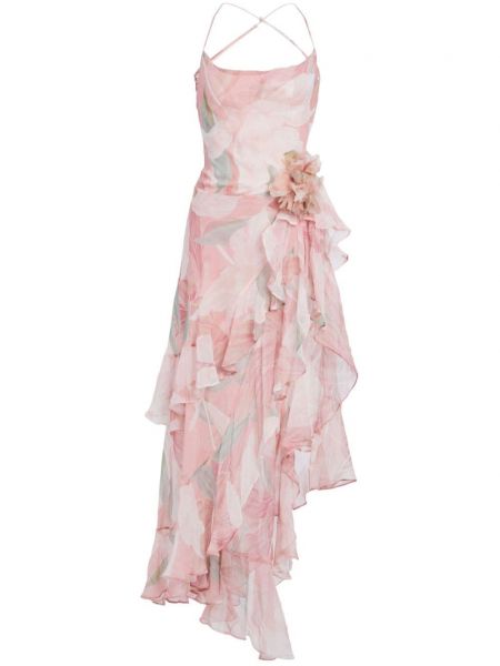Копринена рокля с презрамки на цветя с принт Retrofete розово