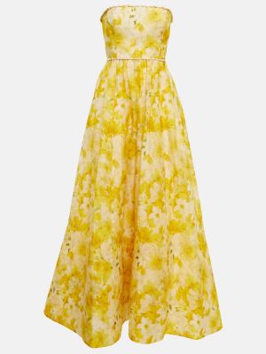 Květinové hedvábné lněné dlouhé šaty Zimmermann žluté