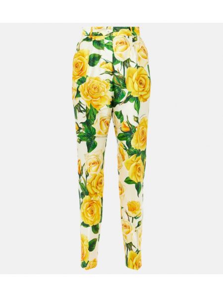 Květinové hedvábné rovné kalhoty s vysokým pasem Dolce&gabbana růžové