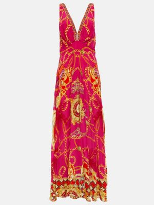 Jedwabna sukienka długa z nadrukiem z dekoltem w serek Camilla