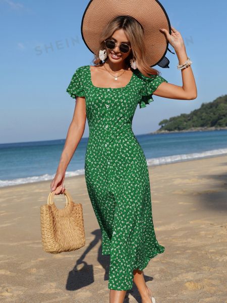 SHEIN Frenchy женское платье с короткими рукавами и цветочным принтом зеленый