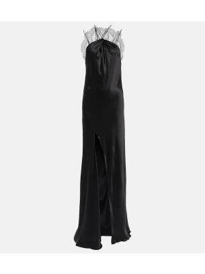 Svilena satenska dolga obleka s čipko Givenchy črna