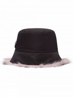 Nylonowy kapelusz z futerkiem Prada czarny