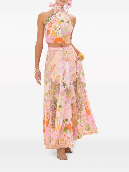 Lniana długa spódnica w kwiatki z nadrukiem Camilla różowa