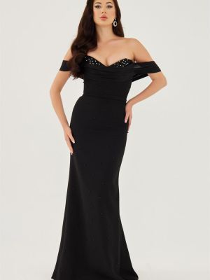 Μάξι φόρεμα με κέντημα με μαργαριτάρια από κρεπ Carmen μαύρο