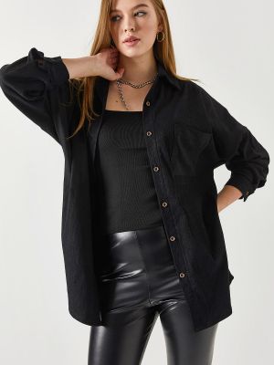 Marškiniai kordinis velvetas oversize su kišenėmis Armonika juoda