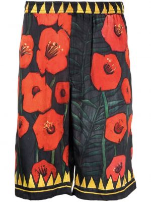 Svilene kratke hlače s cvetličnim vzorcem s potiskom Endless Joy črna