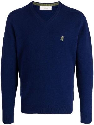 Niebieski haftowany sweter z dekoltem w serek Pringle Of Scotland