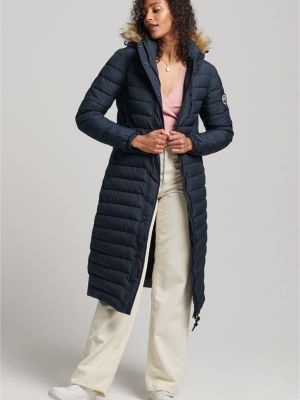Длинное пальто с мехом с капюшоном Superdry синее