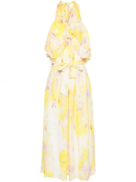 Коктейлна рокля на цветя с принт с волани Msgm жълто