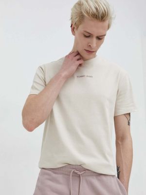 Памучна тениска с дълъг ръкав с апликация Tommy Jeans бежово