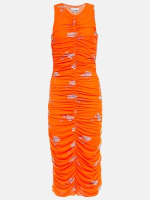 Миди рокля на цветя Ganni оранжево