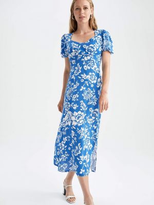 Midi šaty s potiskem s výstřihem do v s krátkými rukávy Defacto modré