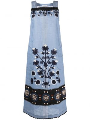 Květinové lněné midi šaty bez rukávů Vita Kin - modrá