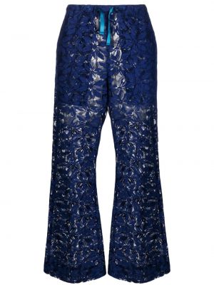 Pantaloni cu picior drept cu model floral transparente din dantelă Needles albastru