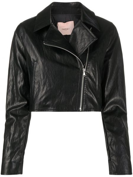 Укороченная кожаная куртка Twin-set, черная