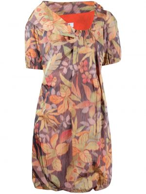 Květinové hedvábné mini šaty s krátkými rukávy Moschino Pre-owned - oranžová