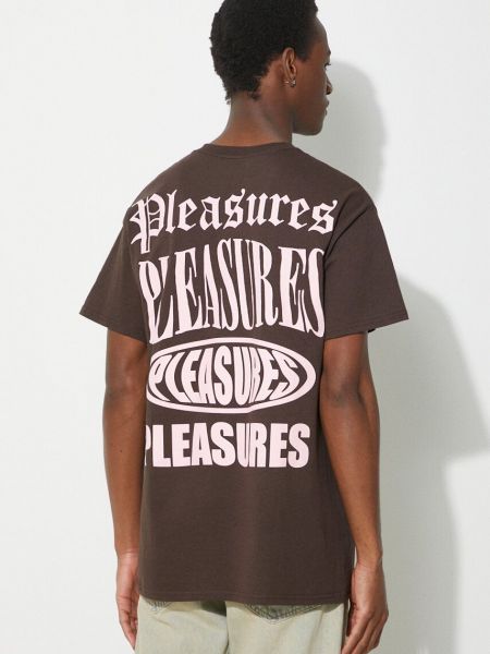Bavlněné tričko s potiskem Pleasures hnědé