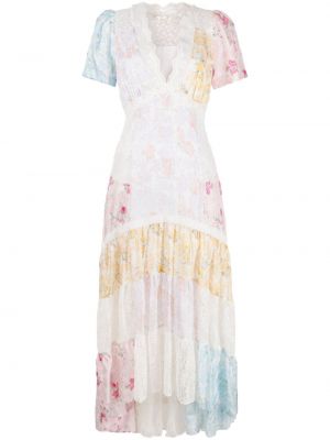 Svilena dolga obleka s cvetličnim vzorcem s čipko Loveshackfancy bela