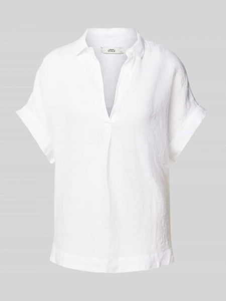 Lniana bluzka z kołnierzykiem z dekoltem w serek 0039 Italy biała