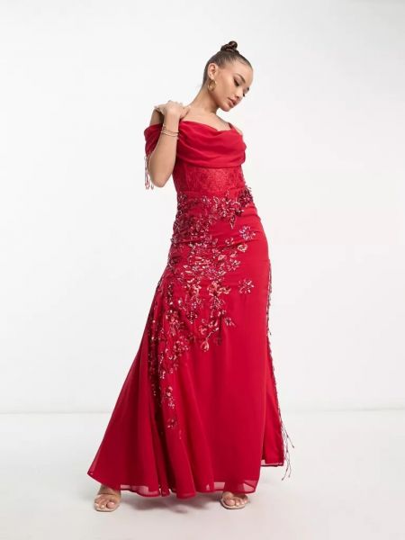 Длинное платье с бахромой с бисером в цветочек Starlet красное